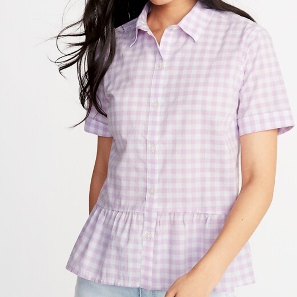Lavender Gingham Peplum-Hem Shirt Size SP